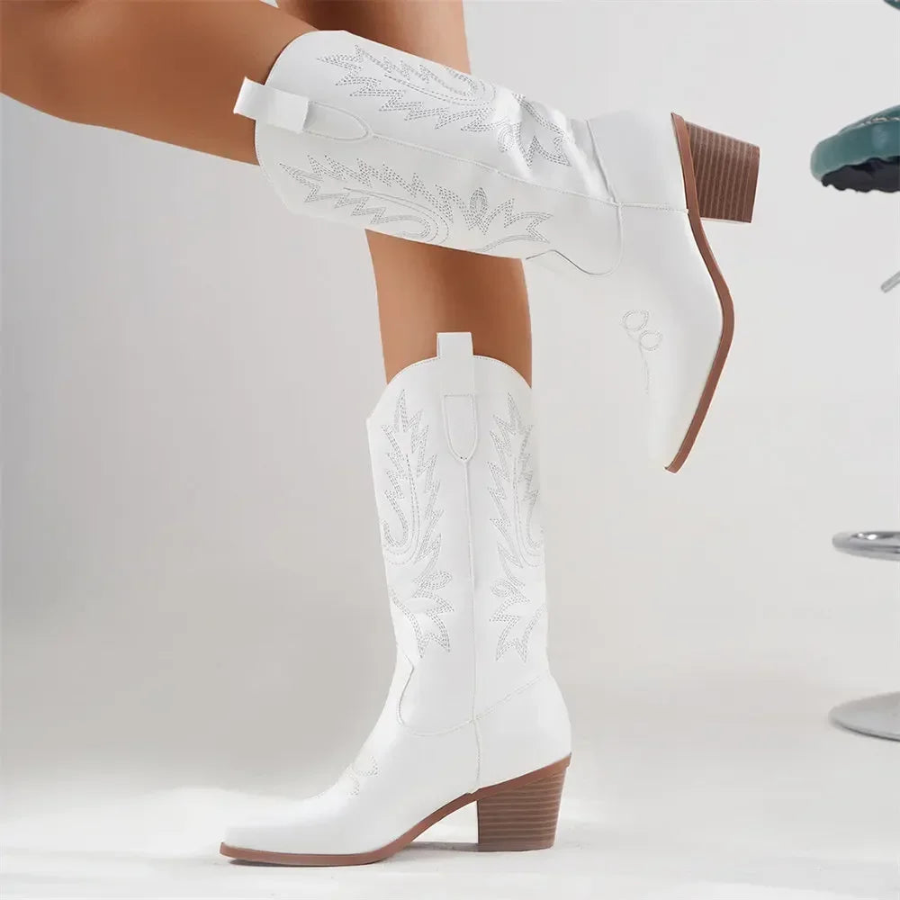 Women’s Casual Heeled Boots with Embroidered Detail