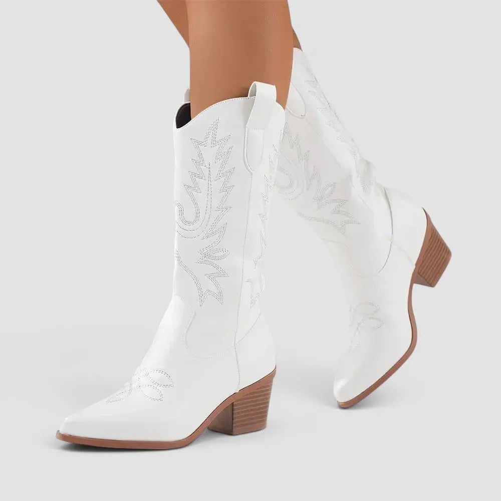 Women’s Casual Heeled Boots with Embroidered Detail