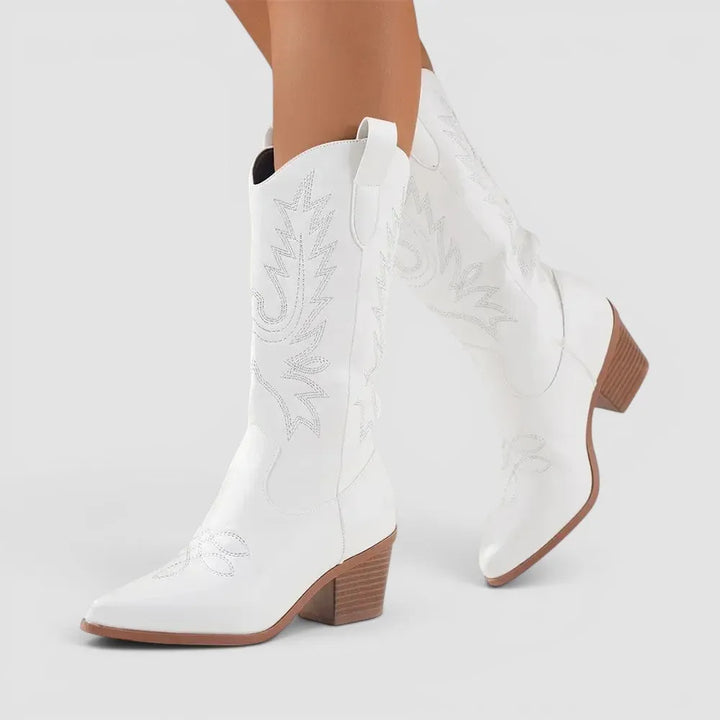 Women’s Casual Heeled Boots with Embroidered Detail