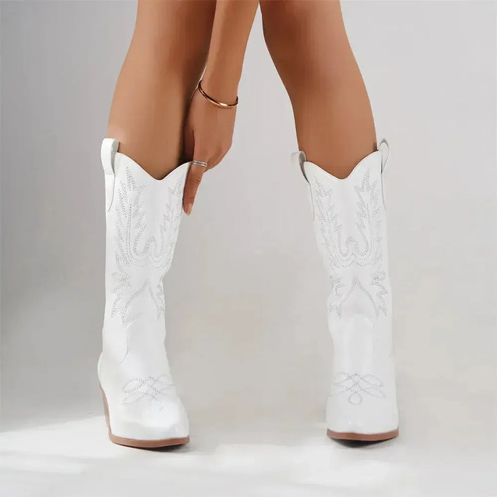 Women’s Casual Heeled Boots with Embroidered Detail