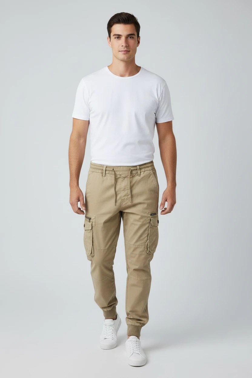 Men's Casual Cargo Pants with Zip Pockets and Ribbed Cuffs