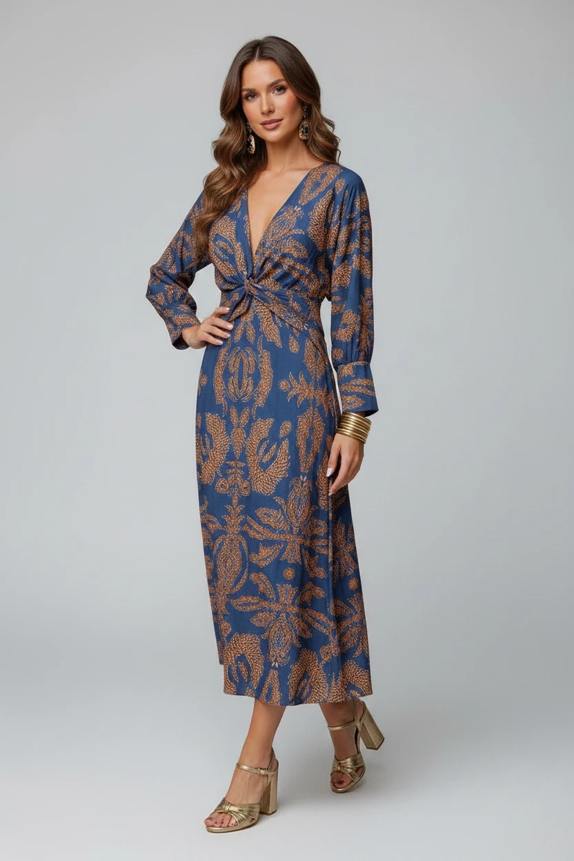 Women's A-Line Midi Wedding Guest Dress with Puff Sleeve
