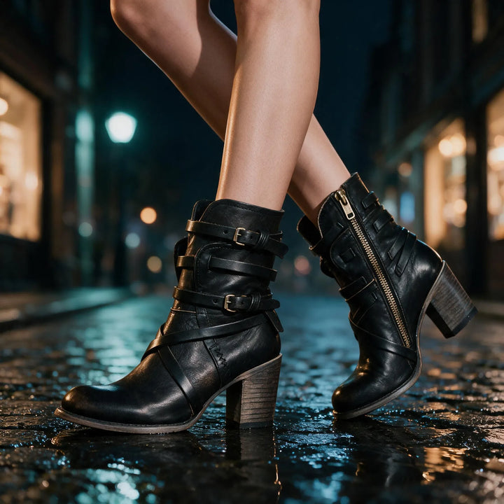 Women's Block Heel Ankle Boots with Buckle Details