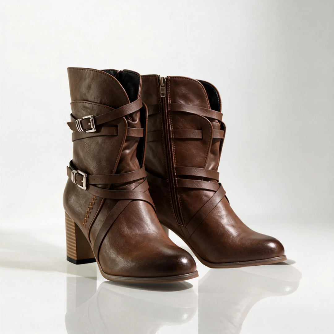 Women's Block Heel Ankle Boots with Buckle Details
