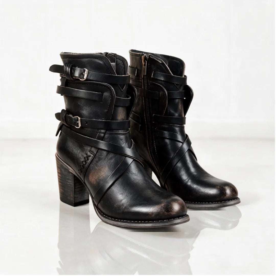 Women's Block Heel Ankle Boots with Buckle Details