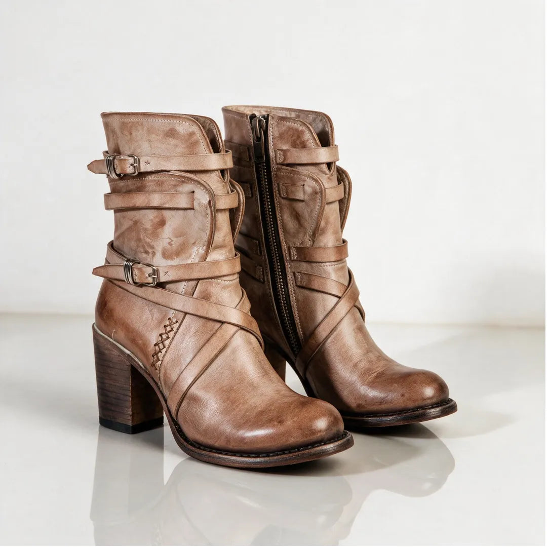 Women's Block Heel Ankle Boots with Buckle Details