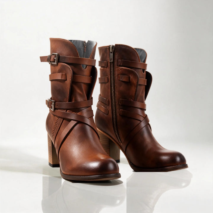 Women's Block Heel Ankle Boots with Buckle Details