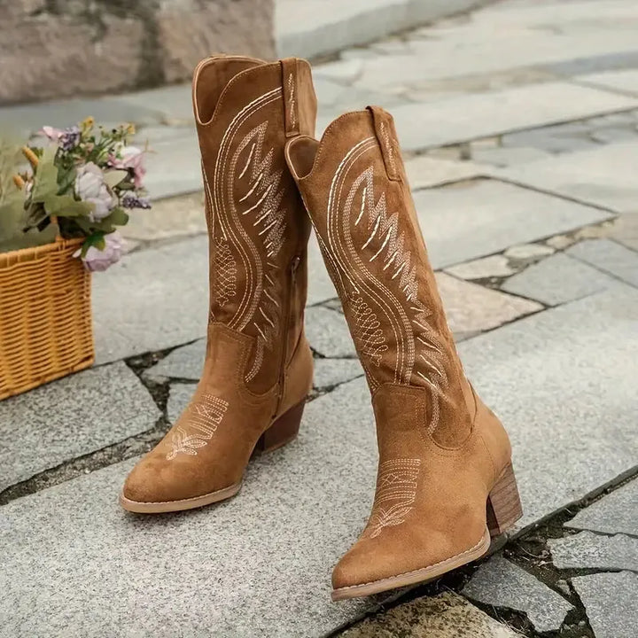 Women's Block Heel Cowboy Boots with Cushioned Insole