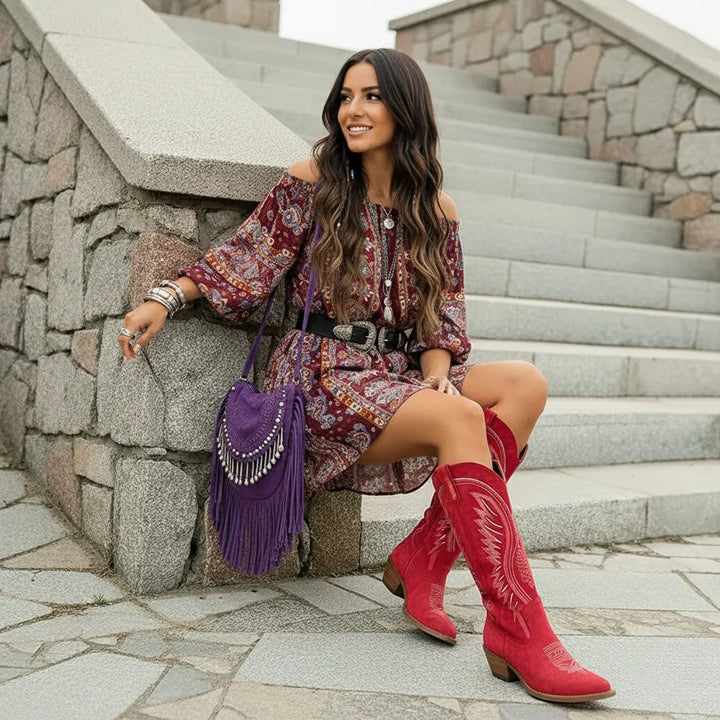 Women's Block Heel Cowboy Boots with Cushioned Insole