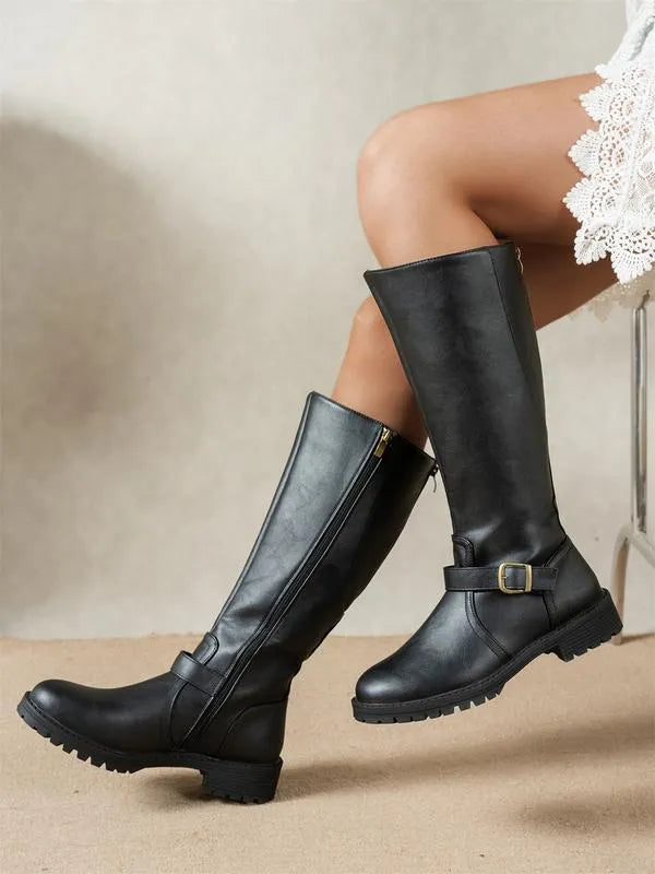 Women’s Block Heel Knee High Boots with Side Zip
