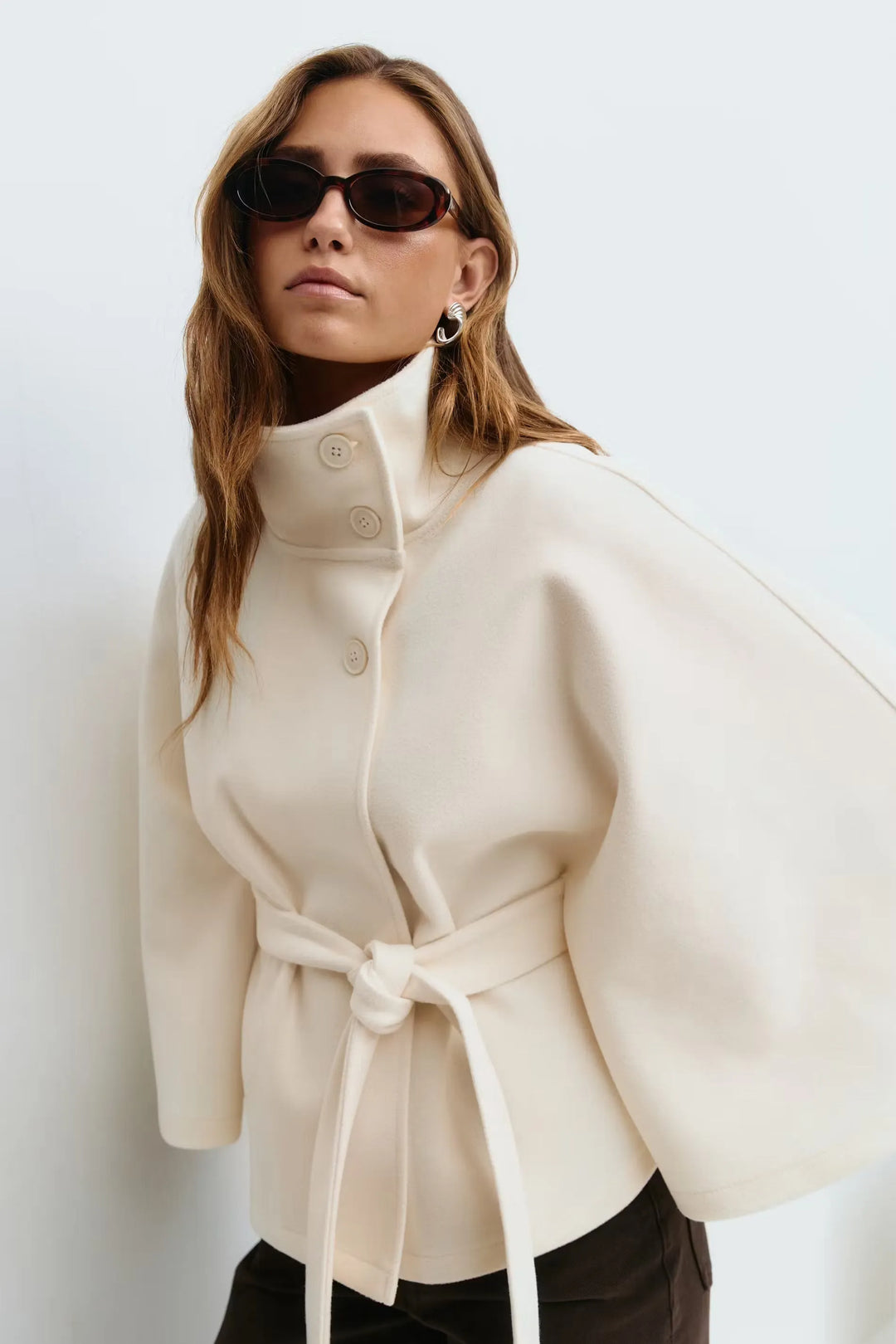Women’s Casual Cape-Style Winter Jacket with Tie Belt