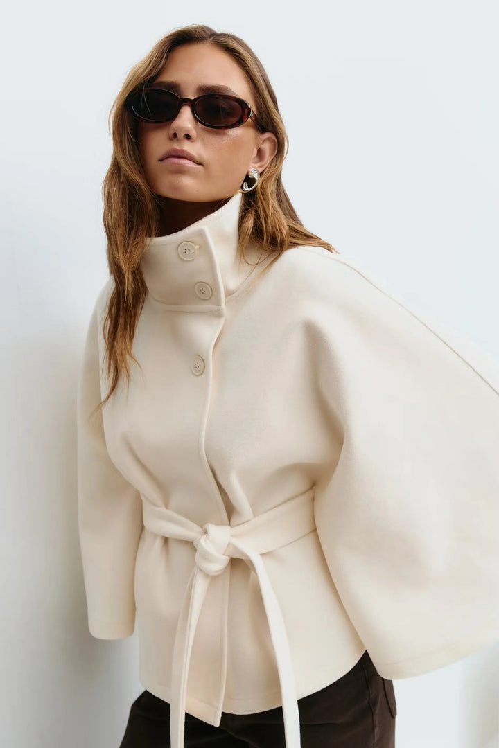 Women’s Casual Cape-Style Winter Jacket with Tie Belt