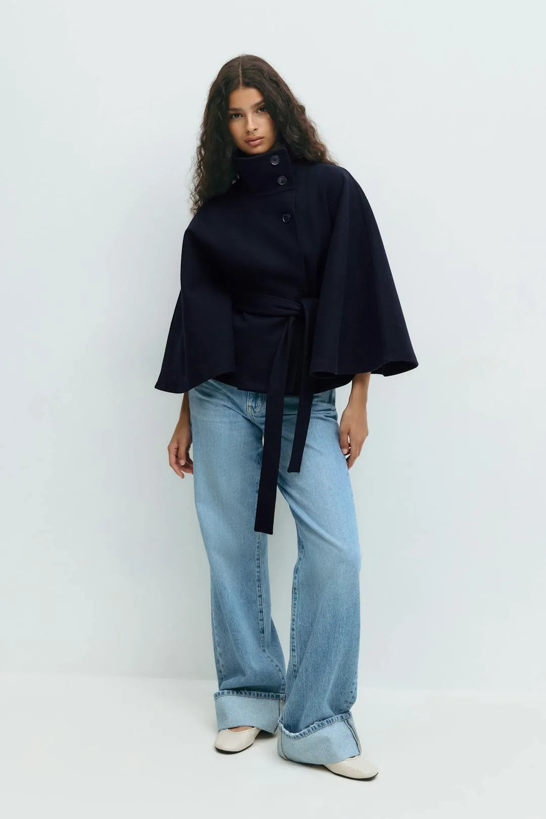 Women’s Casual Cape-Style Winter Jacket with Tie Belt