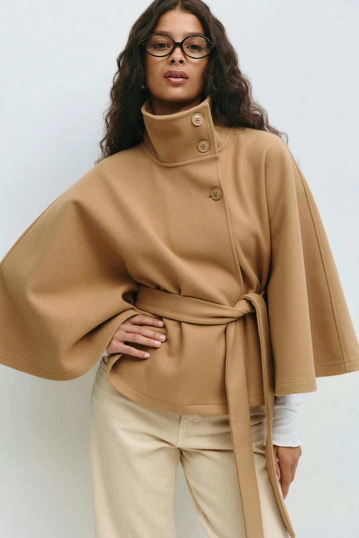 Women’s Casual Cape-Style Winter Jacket with Tie Belt