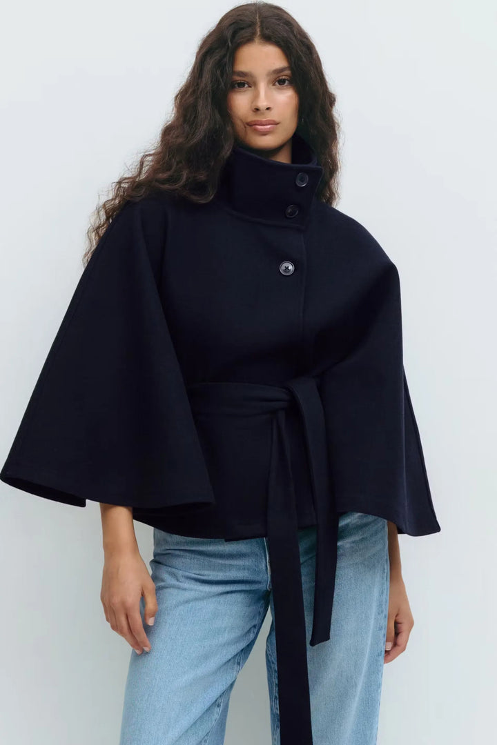 Women’s Casual Cape-Style Winter Jacket with Tie Belt