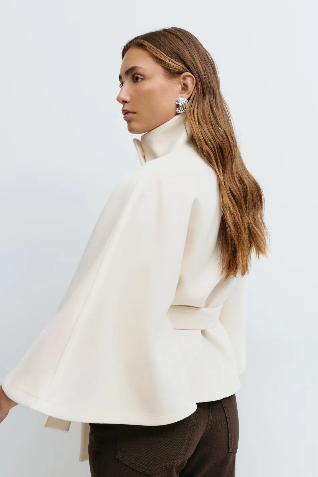 Women’s Casual Cape-Style Winter Jacket with Tie Belt
