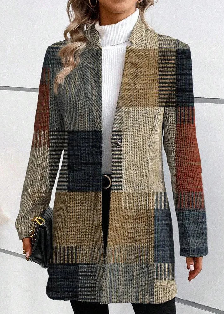 Women’s Casual Coat with Open Front and Patchwork Pattern