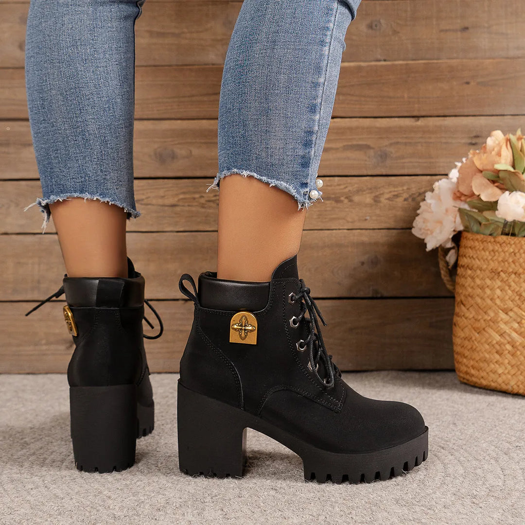 Women’s Chunky Block Heel Boots with Lace-Up Front