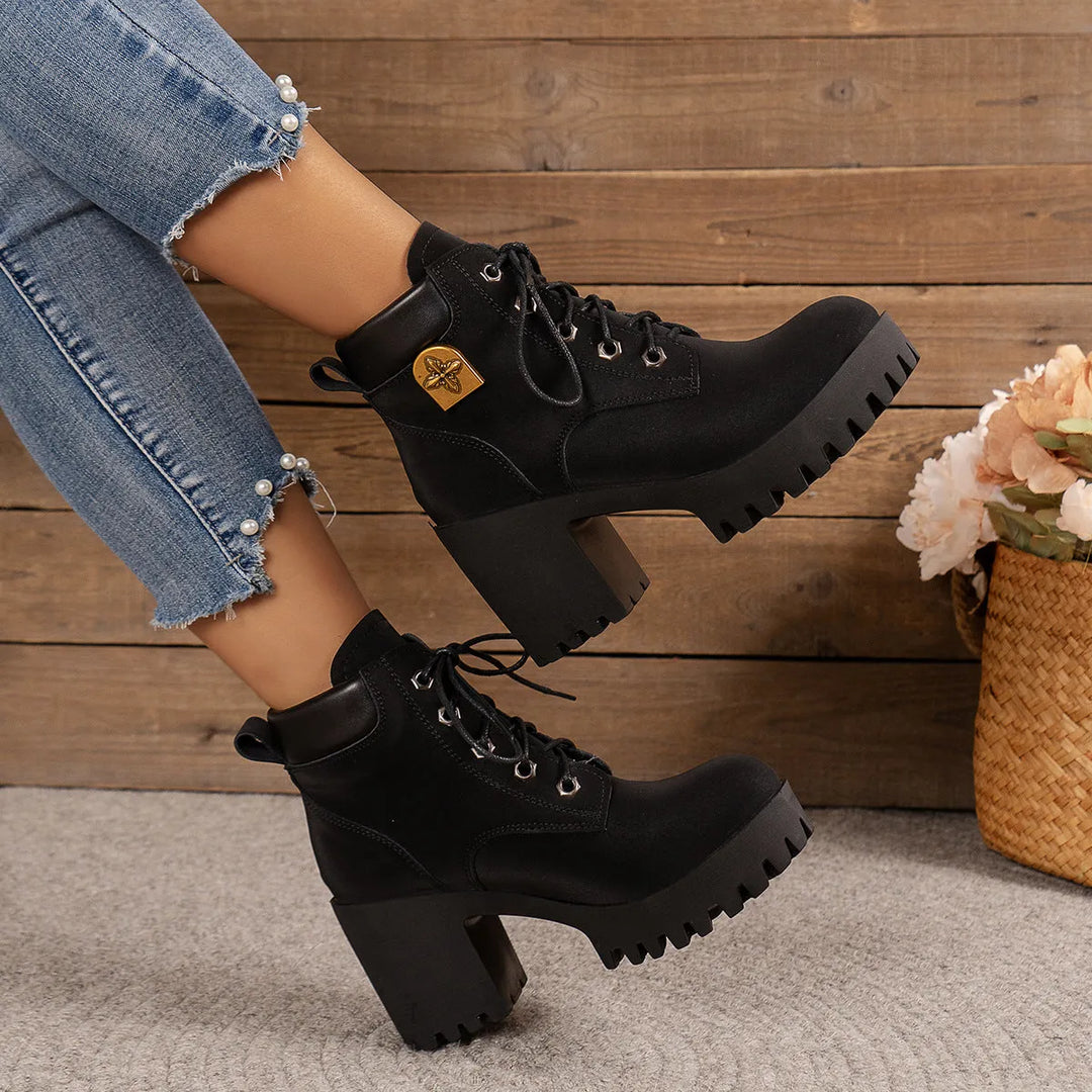 Women’s Chunky Block Heel Boots with Lace-Up Front