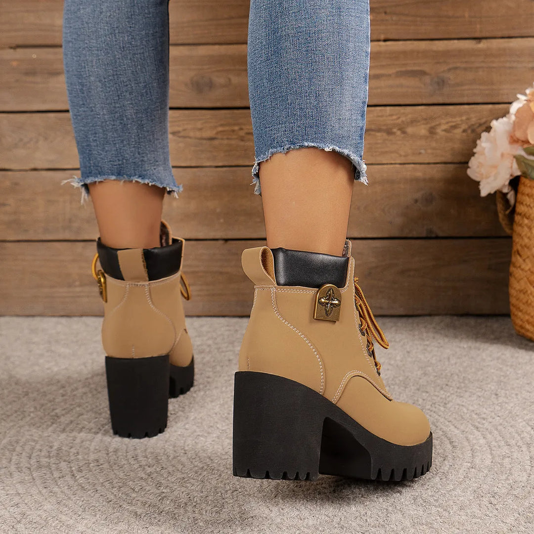 Women’s Chunky Block Heel Boots with Lace-Up Front