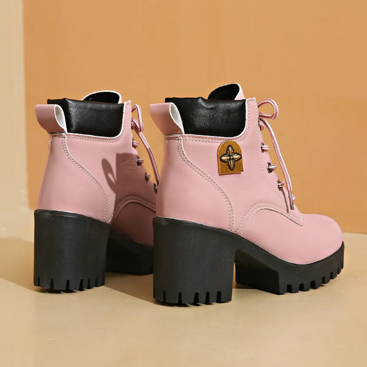 Women’s Chunky Block Heel Boots with Lace-Up Front