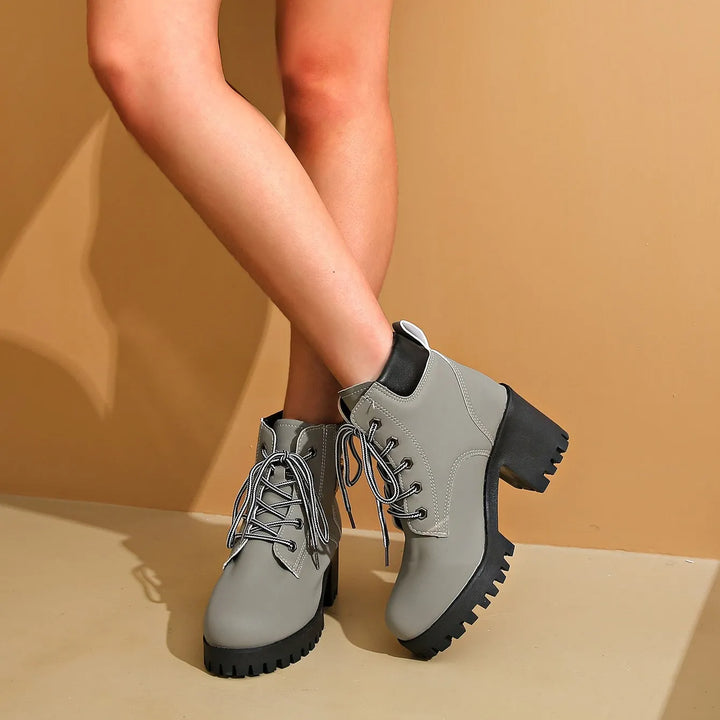Women’s Chunky Block Heel Boots with Lace-Up Front