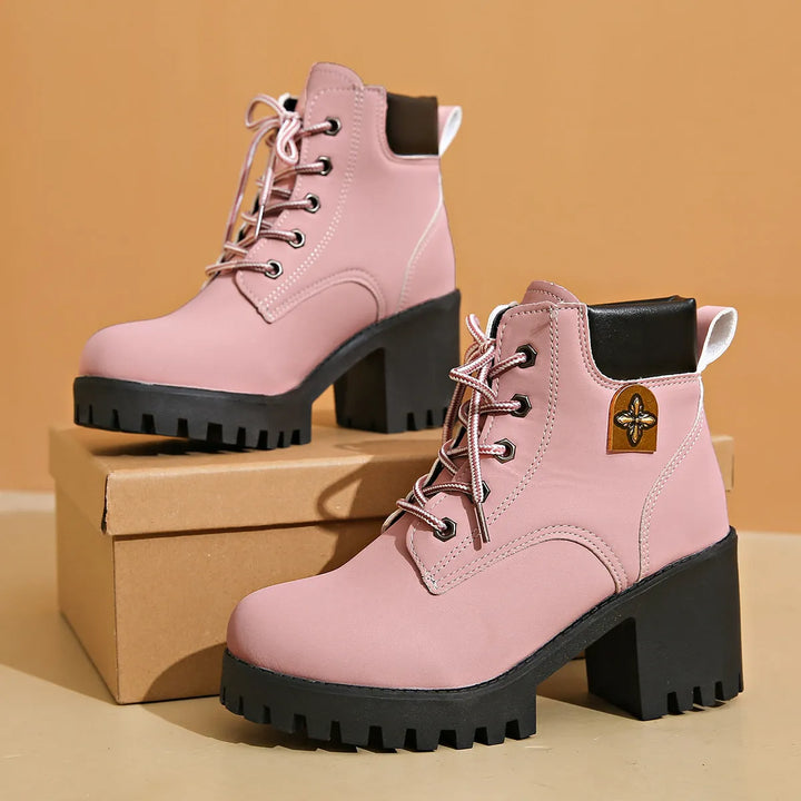 Women’s Chunky Block Heel Boots with Lace-Up Front