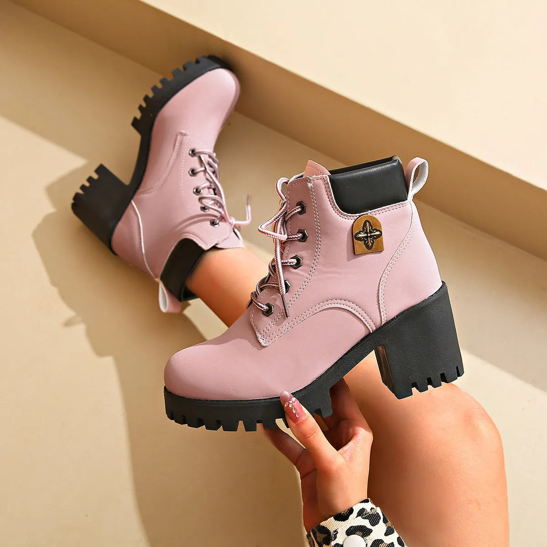 Women’s Chunky Block Heel Boots with Lace-Up Front