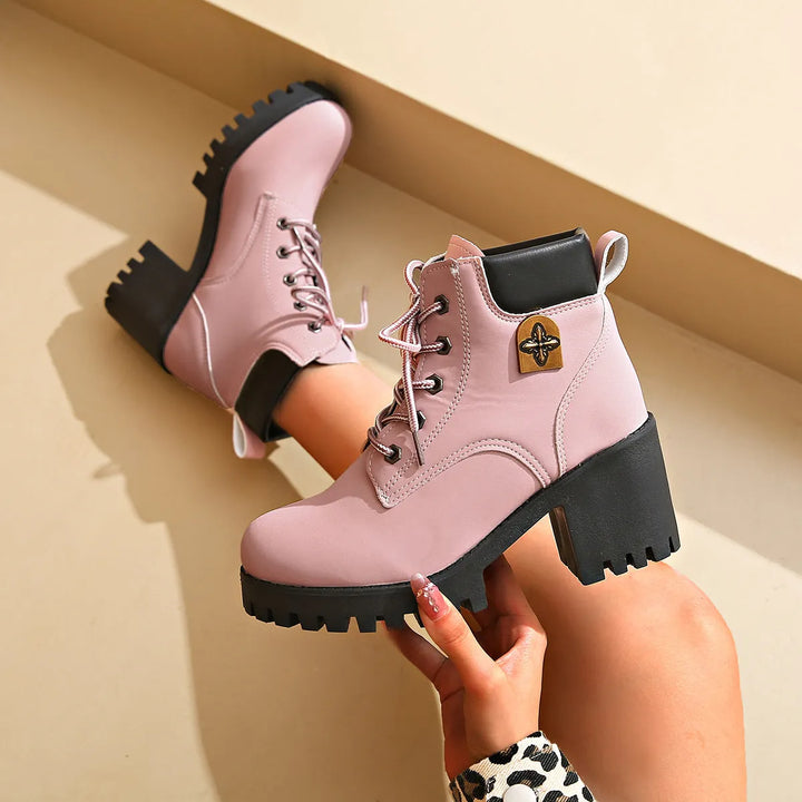 Women’s Chunky Block Heel Boots with Lace-Up Front
