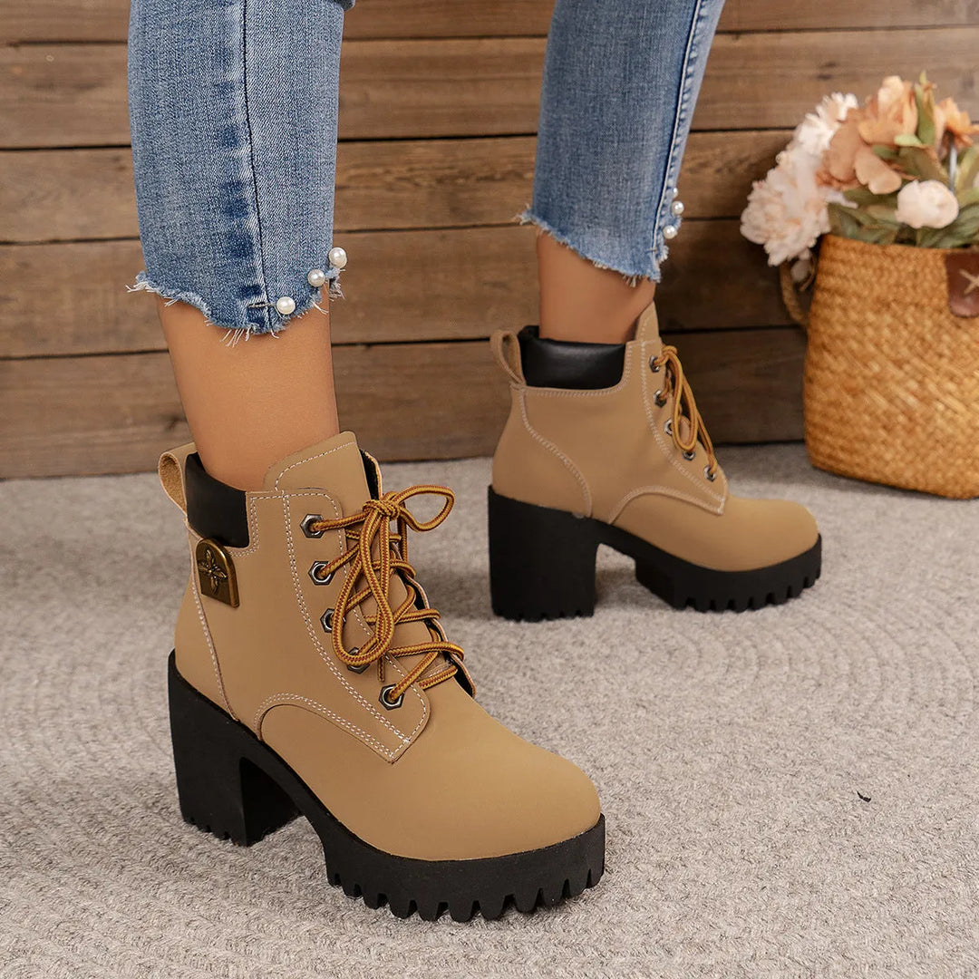 Women’s Chunky Block Heel Boots with Lace-Up Front