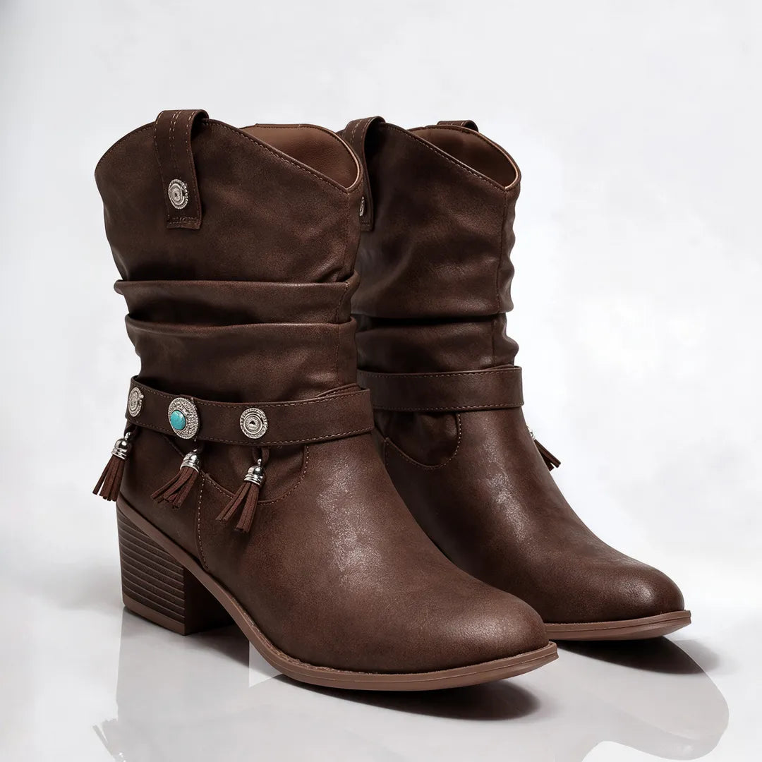 Women’s Comfy Block Heel Cowboy Boots with Adjustable Strap