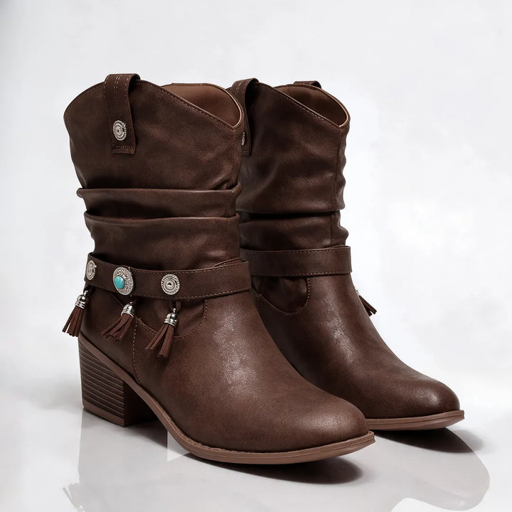 Women’s Comfy Block Heel Cowboy Boots with Adjustable Strap