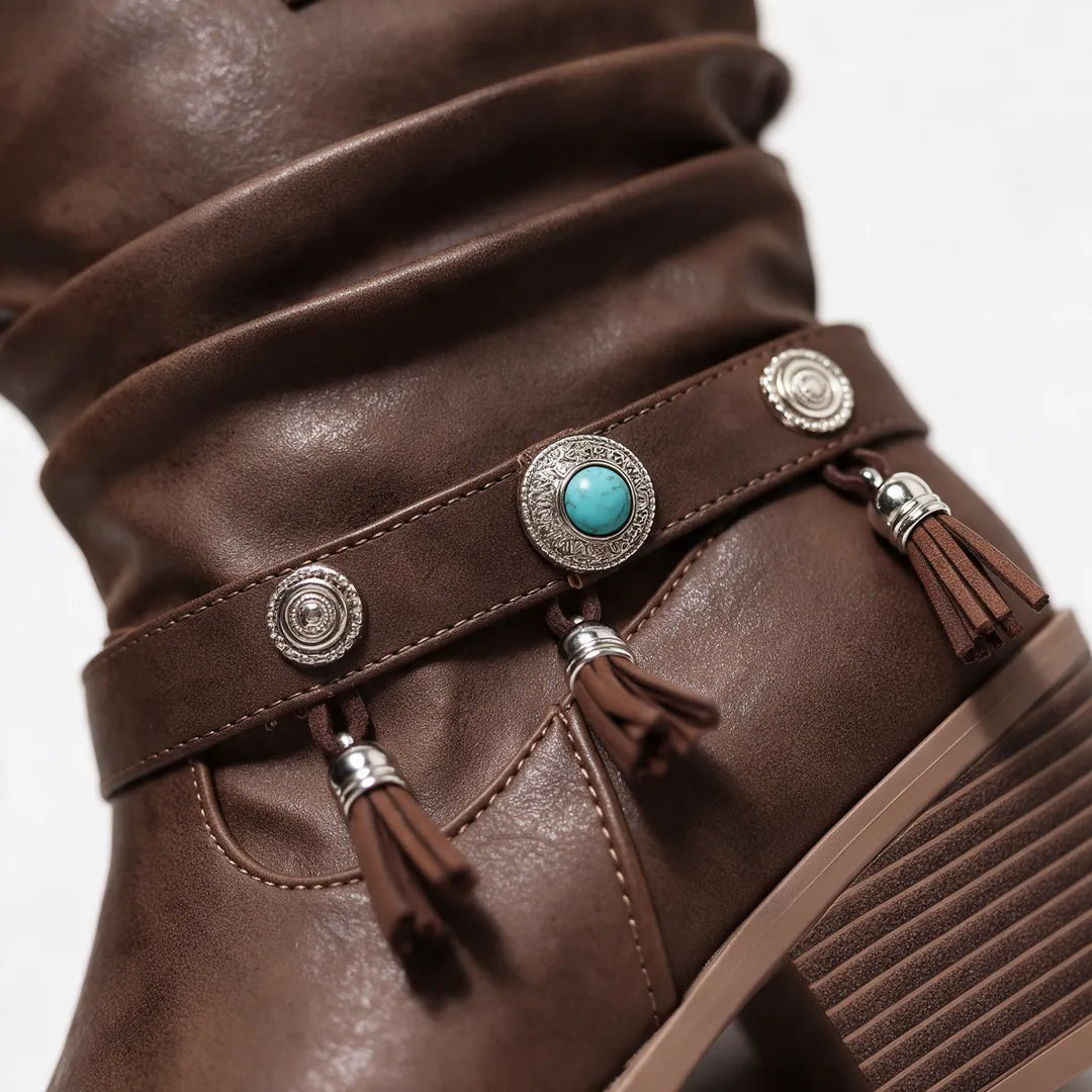 Women’s Comfy Block Heel Cowboy Boots with Adjustable Strap
