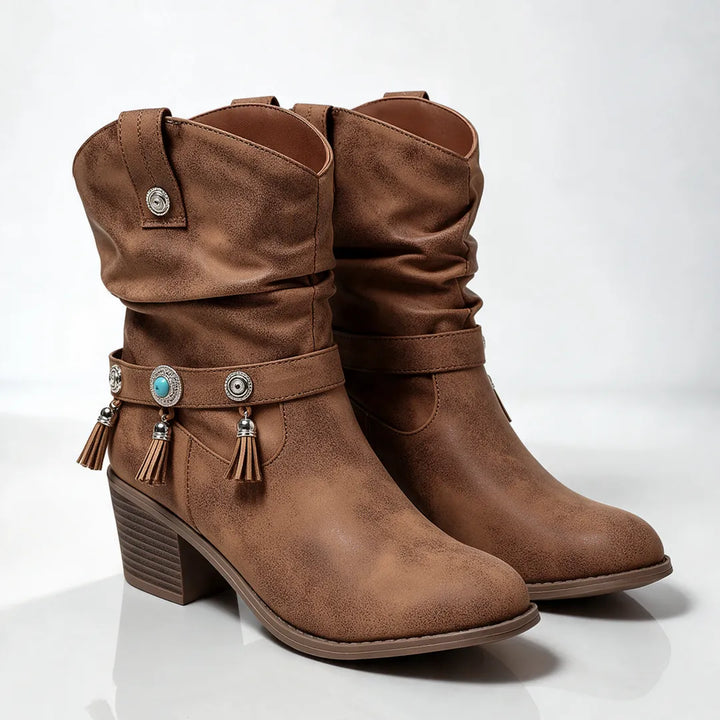 Women’s Comfy Block Heel Cowboy Boots with Adjustable Strap