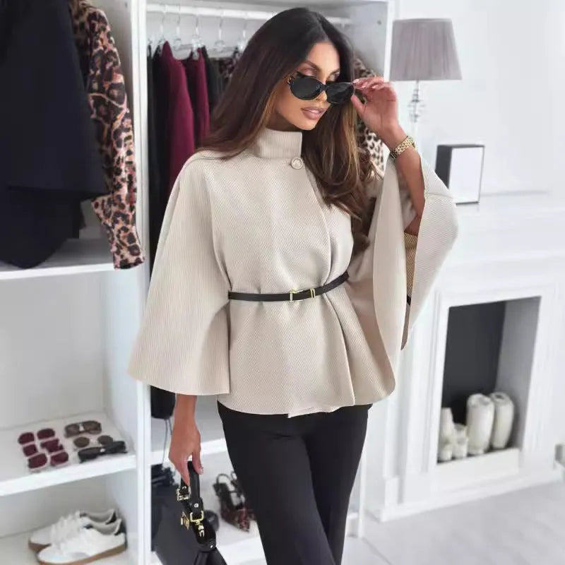 Women's Cropped Cape Coat with Batwing Sleeves