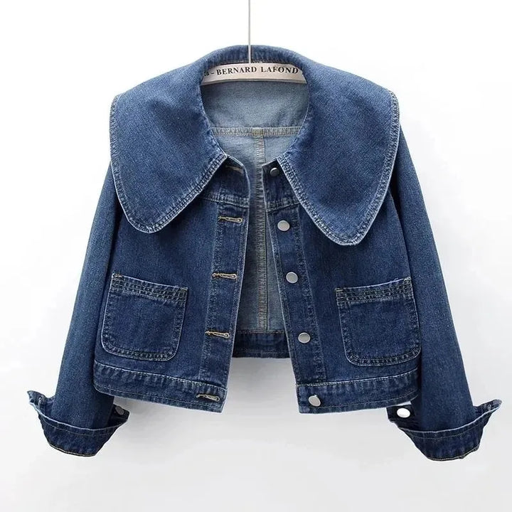Women's Cropped Denim Jacket with Oversized Collar
