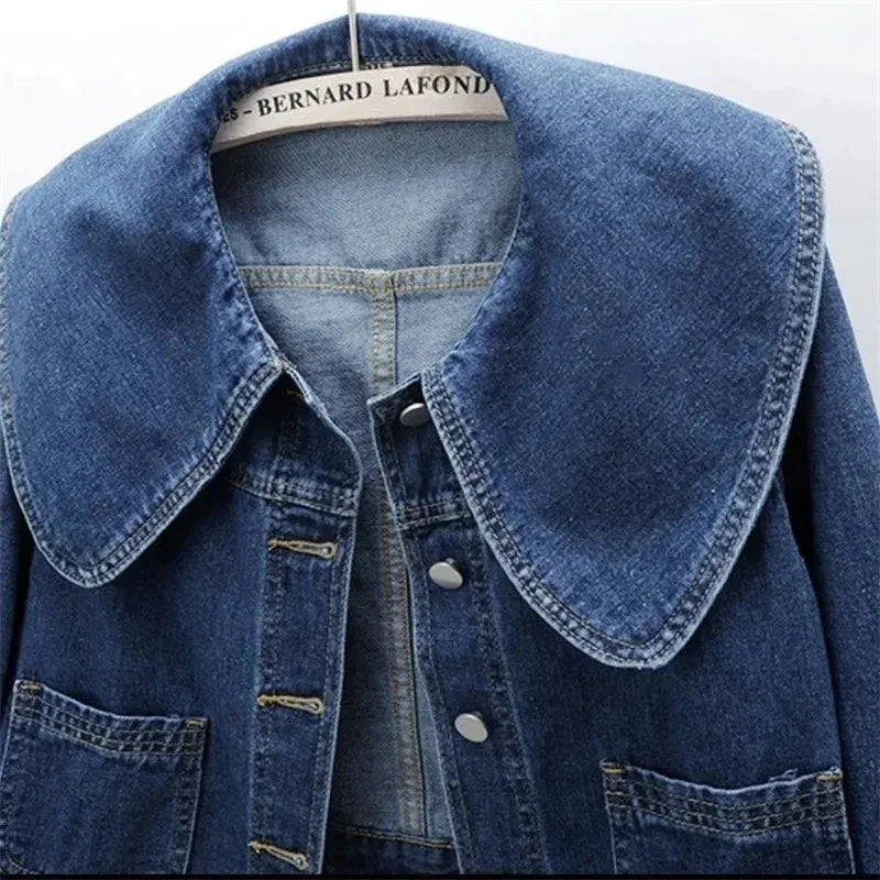Women's Cropped Denim Jacket with Oversized Collar
