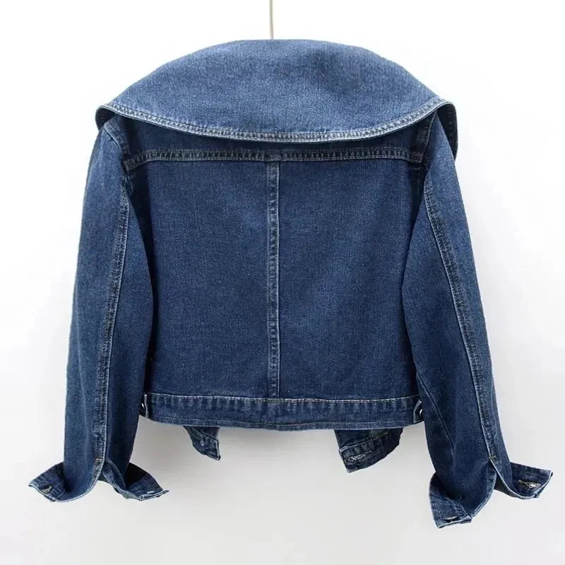 Women's Cropped Denim Jacket with Oversized Collar