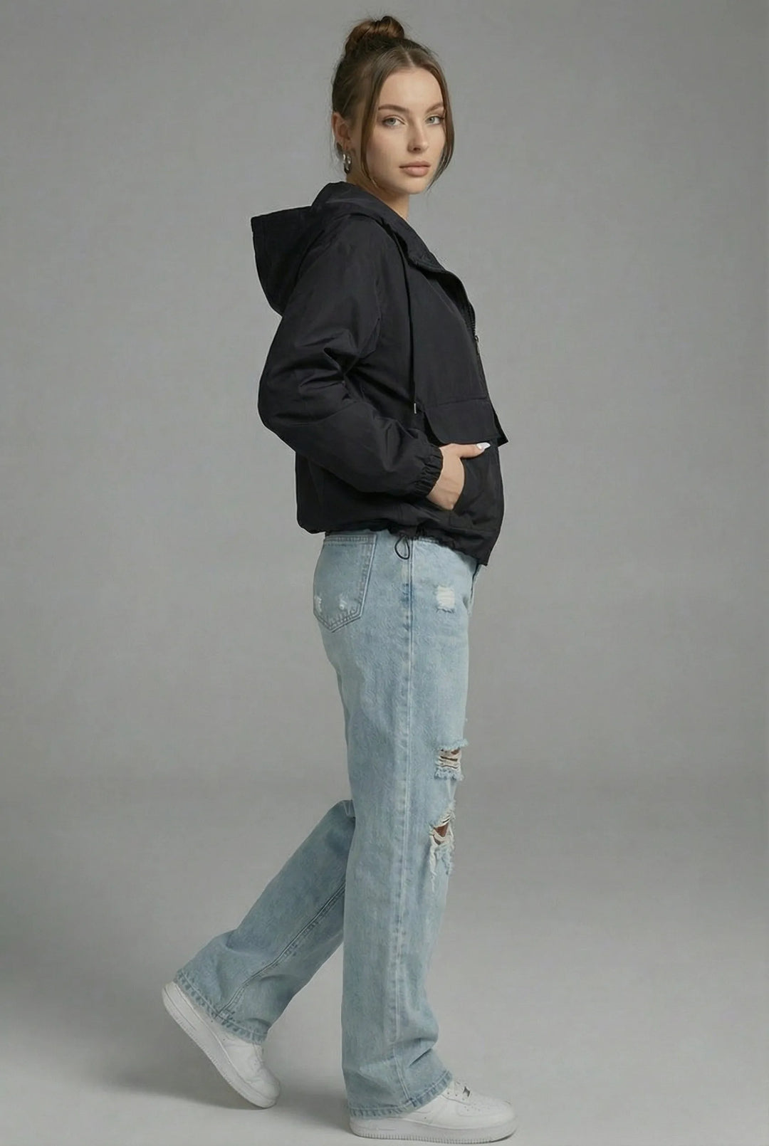 Women's Cropped Hooded Jacket with Zip-Up Closure
