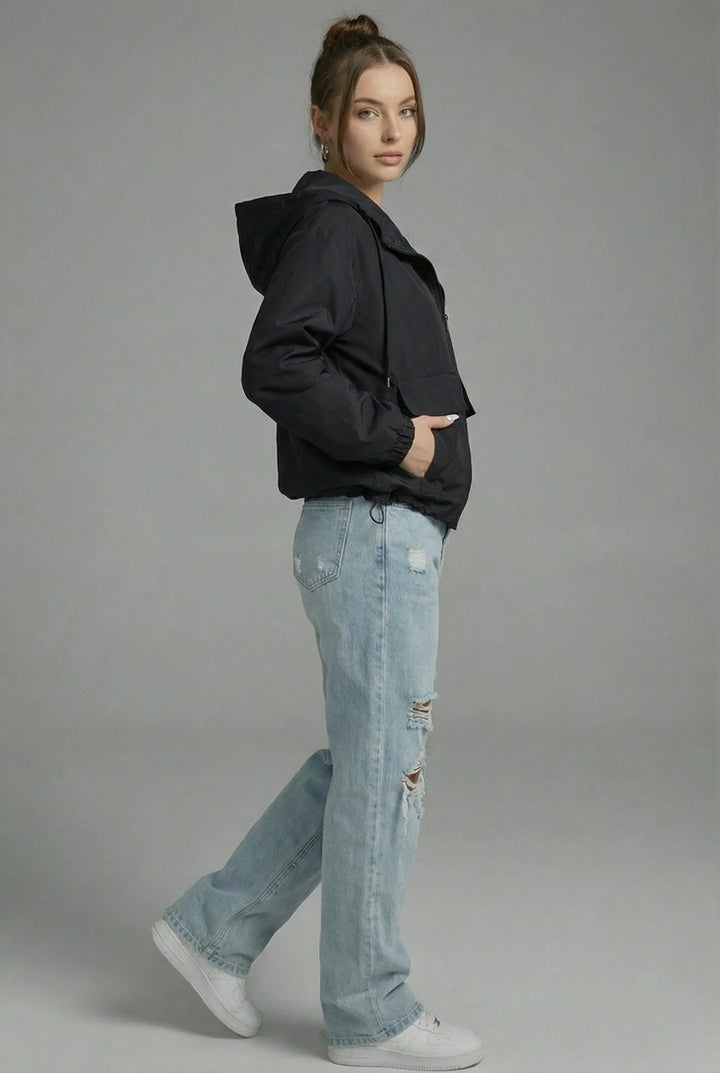 Women's Cropped Hooded Jacket with Zip-Up Closure