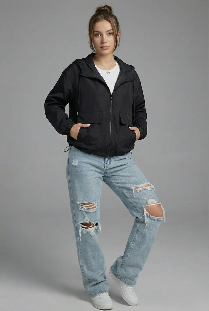 Women's Cropped Hooded Jacket with Zip-Up Closure