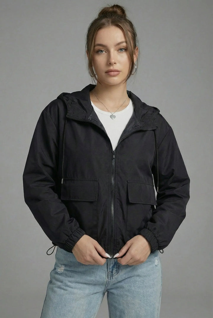 Women's Cropped Hooded Jacket with Zip-Up Closure