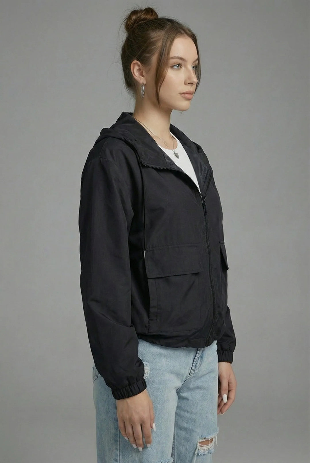 Women's Cropped Hooded Jacket with Zip-Up Closure