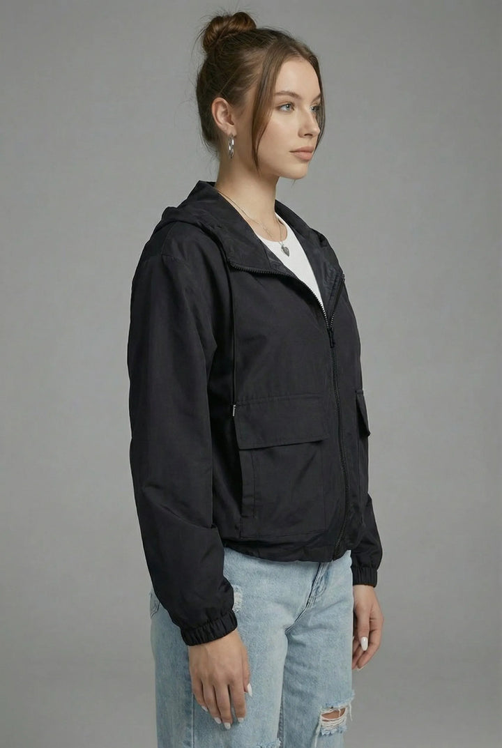 Women's Cropped Hooded Jacket with Zip-Up Closure