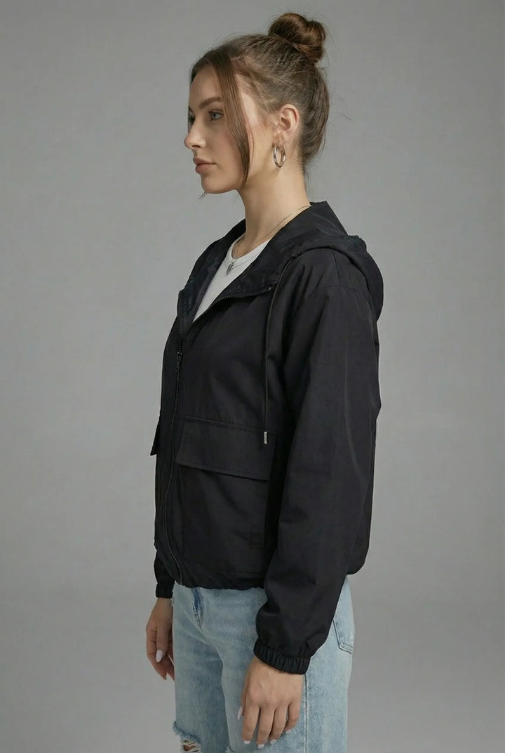 Women's Cropped Hooded Jacket with Zip-Up Closure