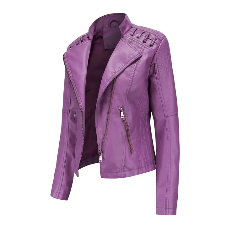 Women's Cropped Leather Biker Jacket with Zip-Up