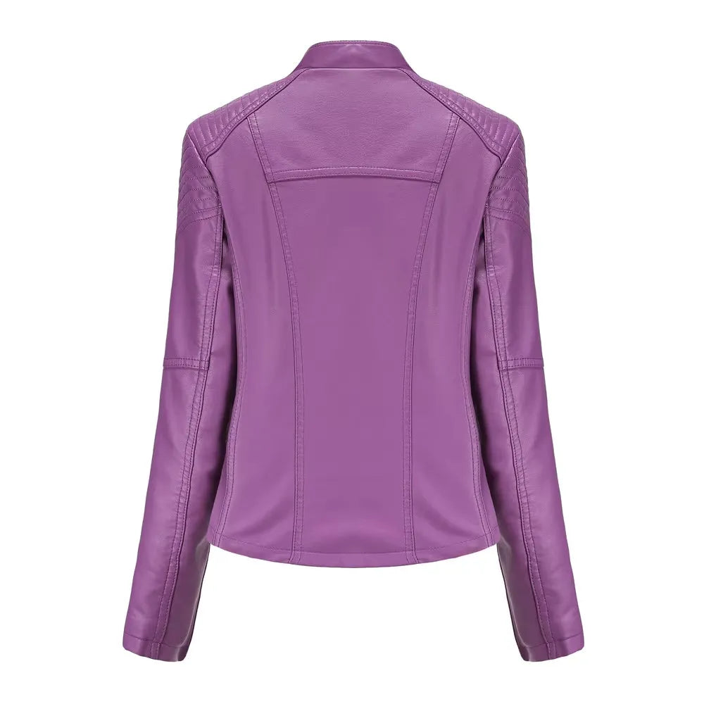 Women's Cropped Leather Biker Jacket with Zip-Up