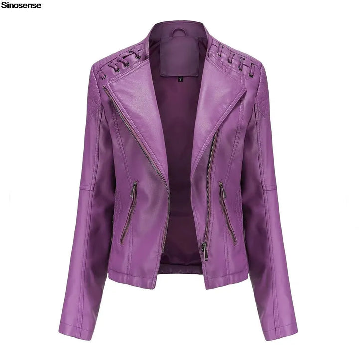 Women's Cropped Leather Biker Jacket with Zip-Up
