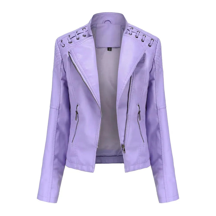 Women's Cropped Leather Biker Jacket with Zip-Up
