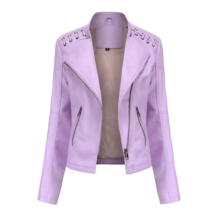 Women's Cropped Leather Biker Jacket with Zip-Up